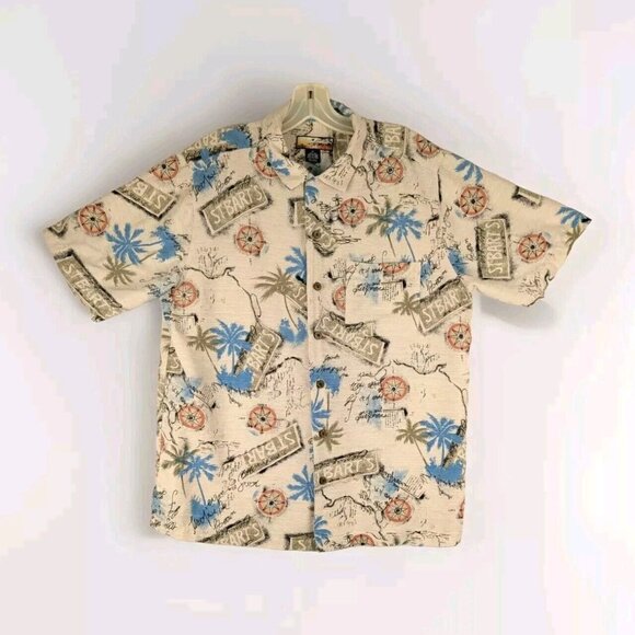 Havana Jacks Cafe Silk Hawaiian Short Sleeve Men Medium Button Up Shirt St Barts - Picture 1 of 8